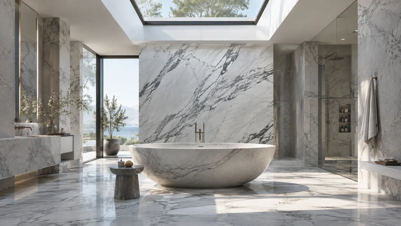 Marble bathroom with a freestanding stone tub beneath a skylight